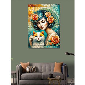 Kanvas Tablo Kedi Ve Çiçekli Kadın Portresi 100x140 cm