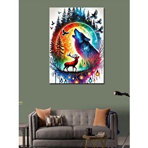 Kanvas Tablo Gece Kurt Ve Geyik Manzarası 100x140 cm