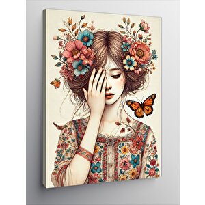 Kanvas Tablo Çiçekli Kadın Ve Kelebek 70x100 cm