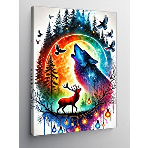 Kanvas Tablo Gece Kurt Ve Geyik Manzarası 50x70 cm