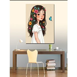 Kanvas Tablo Çiçekli Kız Çocuğu Ve Kelebek 100x140 cm