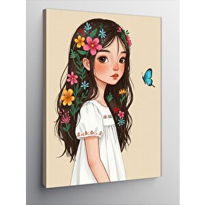 Kanvas Tablo Çiçekli Kız Çocuğu Ve Kelebek 50x70 cm