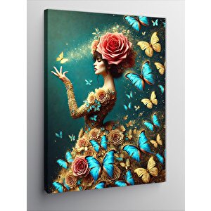 Kanvas Tablo Kelebekler Ve Güllerle Kadın 50x70 cm