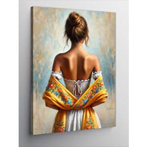 Kanvas Tablo Sırtı Dönük Kadın Ve Çiçekli Şal 100x140 cm