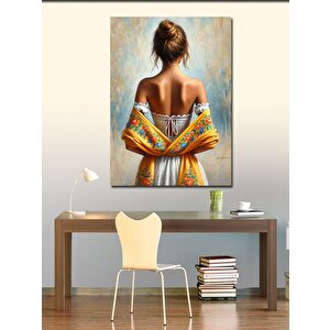 Kanvas Tablo Sırtı Dönük Kadın Ve Çiçekli Şal 100x140 cm