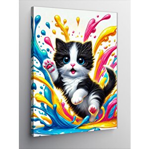 Kanvas Tablo Renkli Kedi Ve Boya Sıçraması 100x140 cm