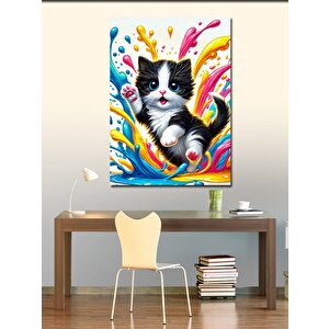 Kanvas Tablo Renkli Kedi Ve Boya Sıçraması 100x140 cm