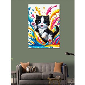 Kanvas Tablo Renkli Kedi Ve Boya Sıçraması 100x140 cm