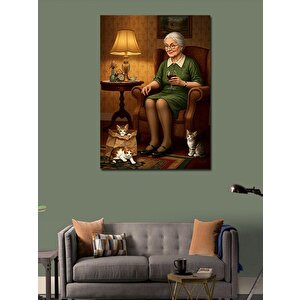 Kanvas Tablo Yaşlı Kadın Ve Kediler 50x70 cm