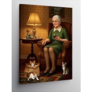 Kanvas Tablo Yaşlı Kadın Ve Kediler 70x100 cm