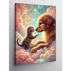 Kanvas Tablo Köpek Ve Kedi Sevgi Anı 100x140 cm