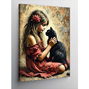 Kanvas Tablo Kız Ve Siyah Kedi Çizimi 100x140 cm