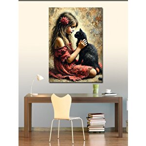 Kanvas Tablo Kız Ve Siyah Kedi Çizimi 100x140 cm