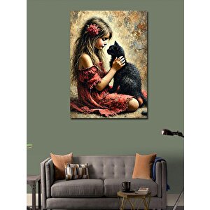 Kanvas Tablo Kız Ve Siyah Kedi Çizimi 100x140 cm