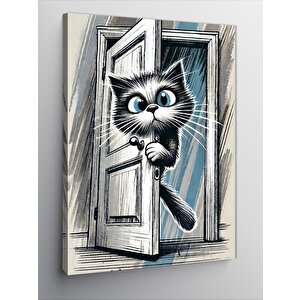 Kanvas Tablo Meraklı Kedi Ve Kapı Sürprizi 100x140 cm