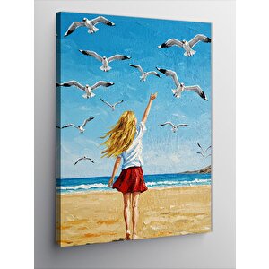 Kanvas Tablo Plajda Rüzgarla Dans Eden Kadın 50x70 cm