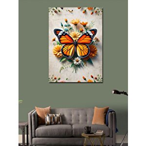 Kanvas Tablo Çiçekler Ve Turuncu Kelebek 100x140 cm