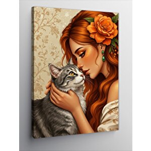 Kanvas Tablo Kadın Ve Sevimli Kedi 50x70 cm