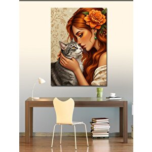 Kanvas Tablo Kadın Ve Sevimli Kedi 50x70 cm