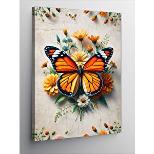 Kanvas Tablo Çiçekler Ve Turuncu Kelebek 70x100 cm