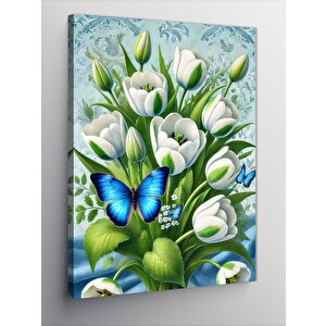 Kanvas Tablo Beyaz Çiçekler Ve Kelebek 50x70 cm