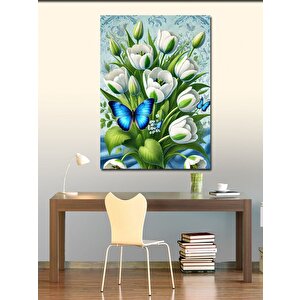 Kanvas Tablo Beyaz Çiçekler Ve Kelebek 50x70 cm