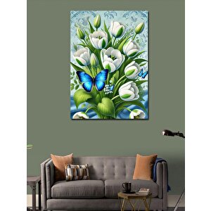 Kanvas Tablo Beyaz Çiçekler Ve Kelebek 50x70 cm