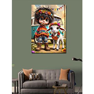 Kanvas Tablo Çocuk Ve Keçi Çizimi 50x70 cm
