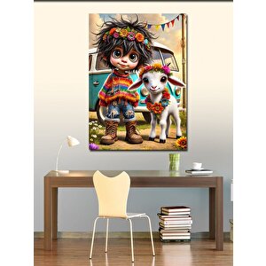 Kanvas Tablo Çocuk Ve Keçi Çizimi 70x100 cm