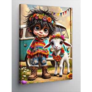 Kanvas Tablo Çocuk Ve Keçi Çizimi 100x140 cm