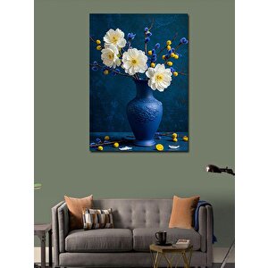 Kanvas Tablo Mavi Vazoda Beyaz Çiçekler 50x70 cm