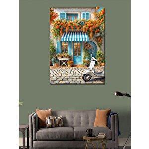 Kanvas Tablo Mavi Kapılı Renkli Ev Ve Vespa 50x70 cm