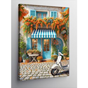 Kanvas Tablo Mavi Kapılı Renkli Ev Ve Vespa 100x140 cm
