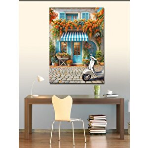 Kanvas Tablo Mavi Kapılı Renkli Ev Ve Vespa 100x140 cm