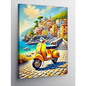 Kanvas Tablo Sarı Vespa Ve Akdeniz Sokakları 100x140 cm