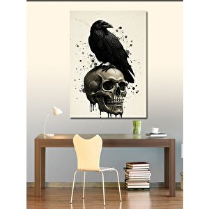 Kanvas Tablo Kafatası Üzerinde Kara Karga 100x140 cm