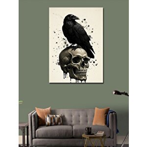 Kanvas Tablo Kafatası Üzerinde Kara Karga 100x140 cm