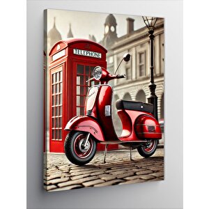 Kanvas Tablo Kırmızı Vespa Ve Telefon Kulübesi 50x70 cm