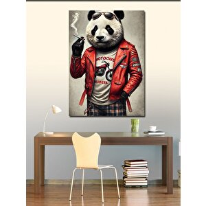 Kanvas Tablo Derin Düşünceli Panda Ve Motosiklet Teması 100x140 cm