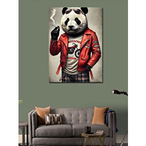 Kanvas Tablo Derin Düşünceli Panda Ve Motosiklet Teması 100x140 cm