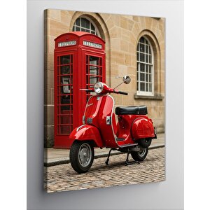 Kanvas Tablo Kırmızı Vespa Ve Telefon Kulübesi 70x100 cm