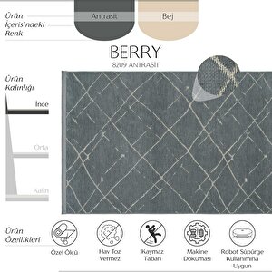 Berry 8209 Antrasit Halı Halısı Kaymaz Taban Halı Kesme Halı Yolluk İnce Halı Kilim 100x200 cm
