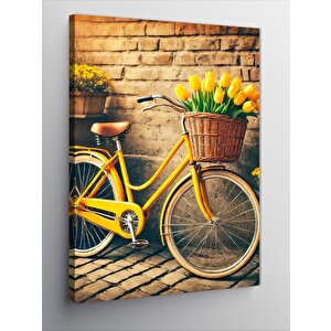 Kanvas Tablo Sepetli Sarı Bisiklet Ve Çiçekler 70x100 cm