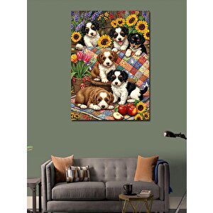 Kanvas Tablo Yavru Köpekler Ve Çiçek Bahçesi 70x100 cm