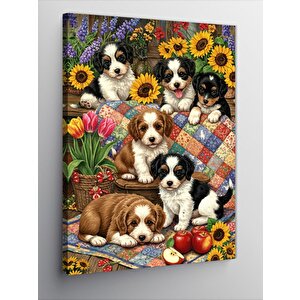Kanvas Tablo Yavru Köpekler Ve Çiçek Bahçesi 100x140 cm