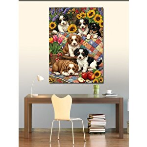 Kanvas Tablo Yavru Köpekler Ve Çiçek Bahçesi 100x140 cm