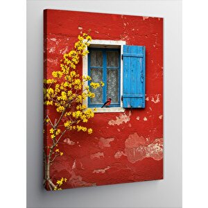 Kanvas Tablo Mavi Pencere Ve Sarı Çiçek 50x70 cm