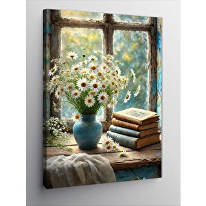 Kanvas Tablo Pencerede Çiçek Ve Kitap 50x70 cm