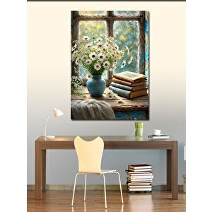 Kanvas Tablo Pencerede Çiçek Ve Kitap 50x70 cm