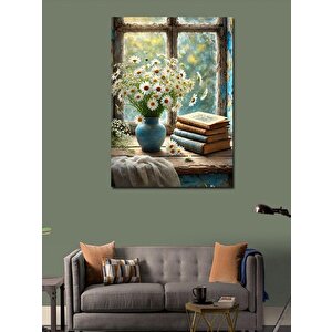 Kanvas Tablo Pencerede Çiçek Ve Kitap 50x70 cm